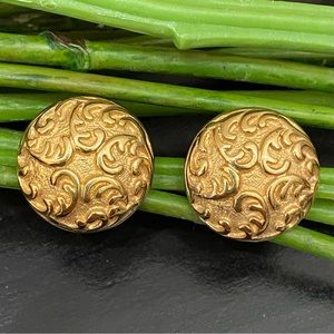 Vintage MONET Signed Gold-tone Ornate Concave Button Earrings